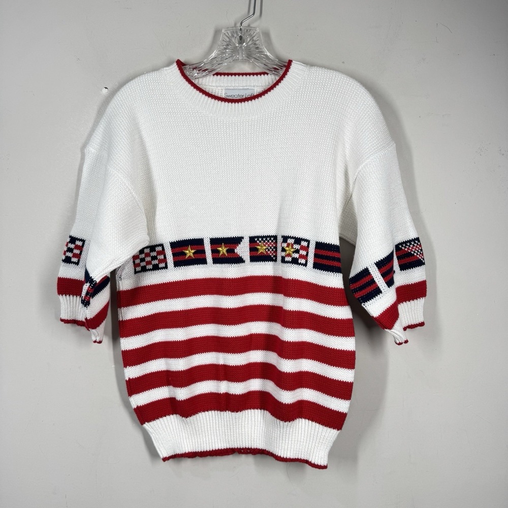 Sweater Loft Vtg Short Sleeve Nautical Preppy Knit Flags Cotton USA Sz S NWOT